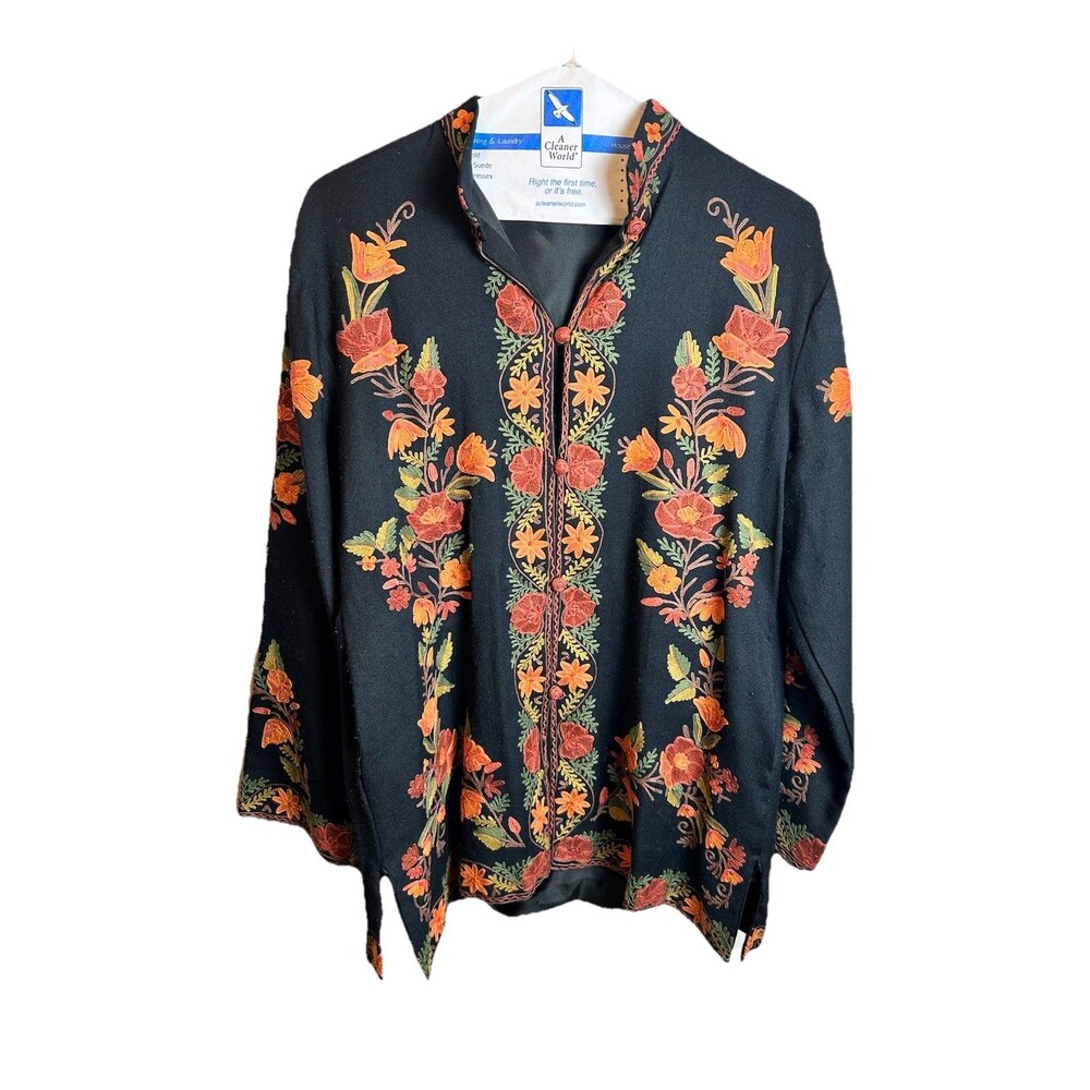 Vintage Indian Kashmiri Aari Embroidered 100% Wool Jacket XL